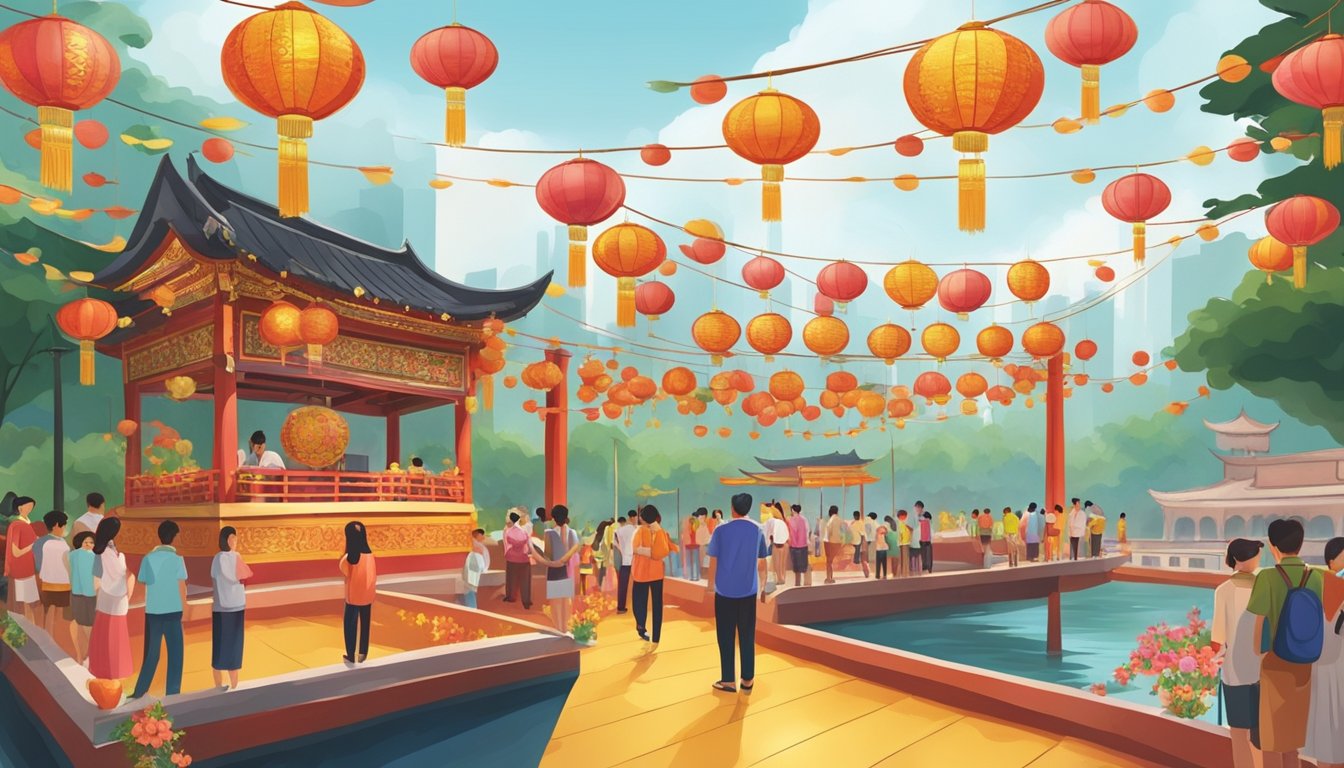 A colorful floating platform adorned with Chinese New Year decorations in Singapore. Visitors gather to receive practical information for the festivities