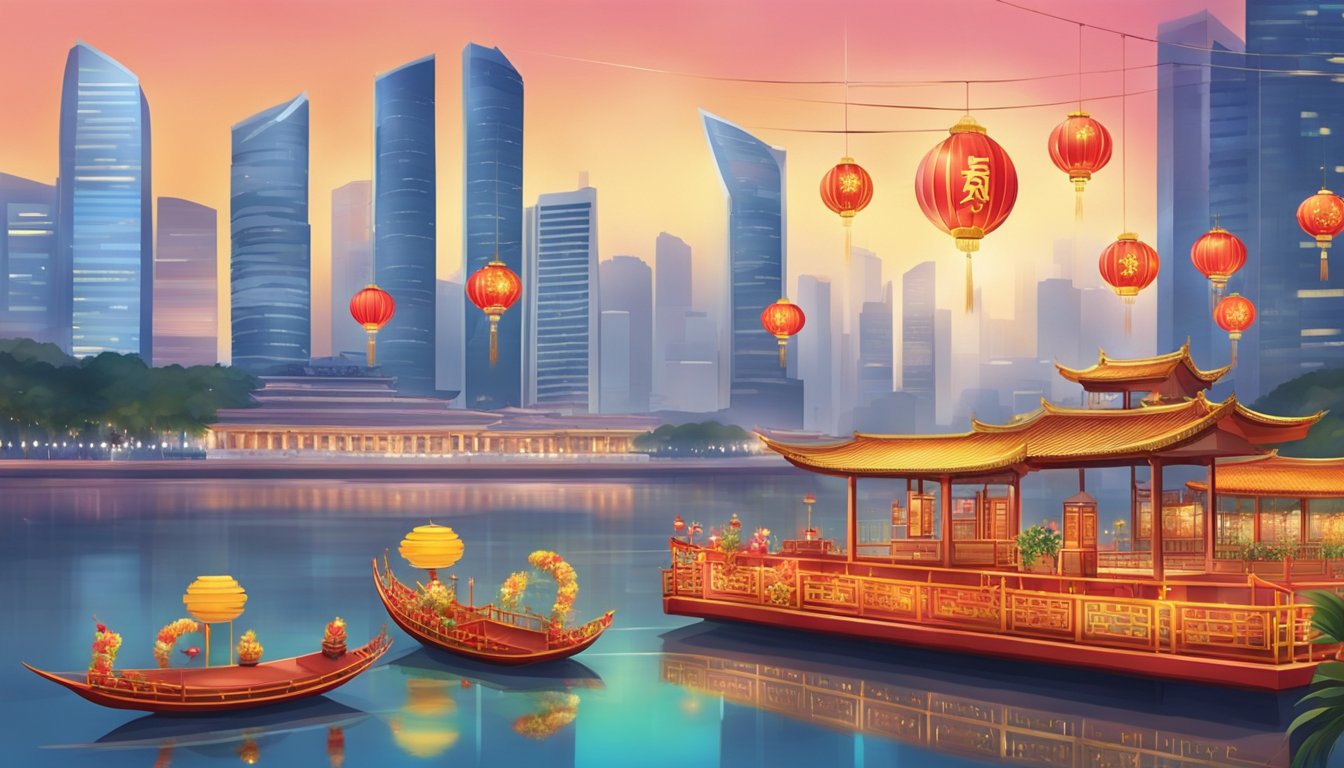 A colorful floating platform adorned with Chinese New Year decorations, set against the backdrop of the bustling city of Singapore