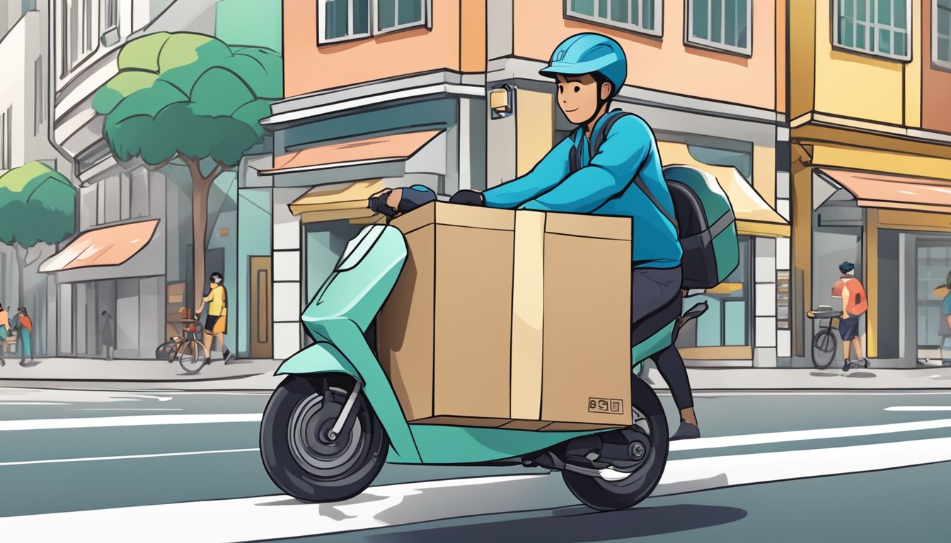 A delivery rider drops off a package with a promo code in a bustling Singapore street