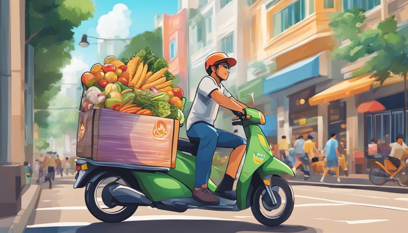 A delivery rider zooms through bustling Singapore streets, carrying a bag of steaming, aromatic food. Brightly lit signs advertise various food delivery services