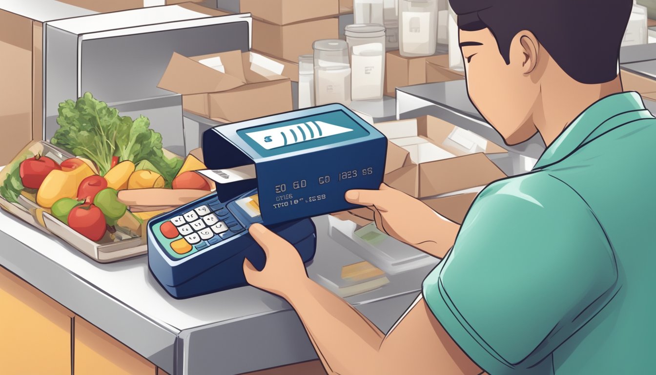 A credit card is swiped at a food delivery checkout, with a promo code entered in Singapore