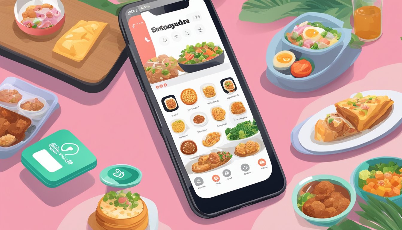 A smartphone displaying a foodpanda promo code in Singapore, with various food items in the background