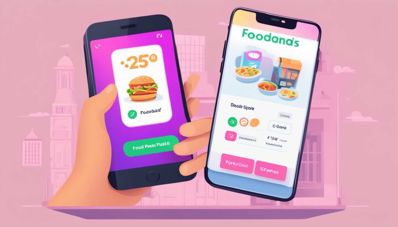 A hand unlocks a smartphone displaying "Foodpanda Deals" and a promo code in Singapore