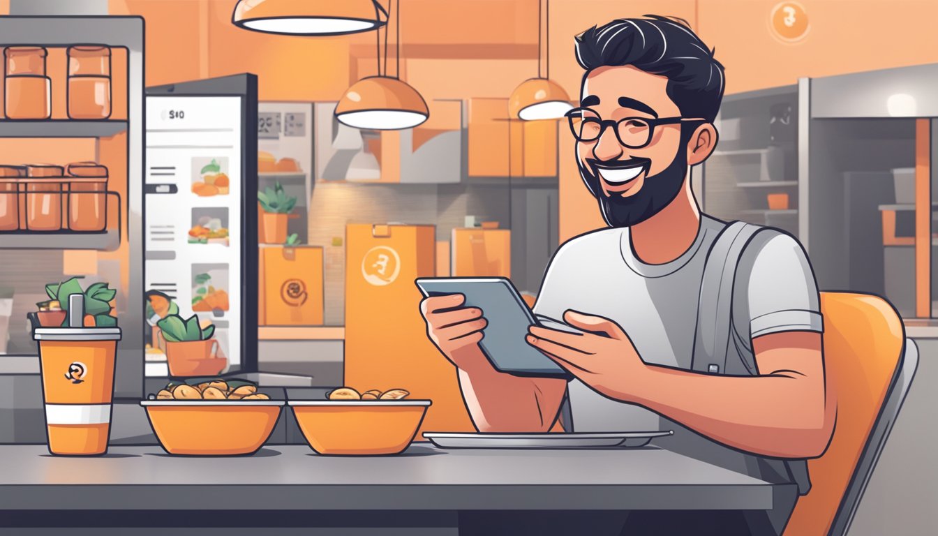 A person entering a promo code on the Foodpanda app, with a happy expression as they see the savings applied to their order