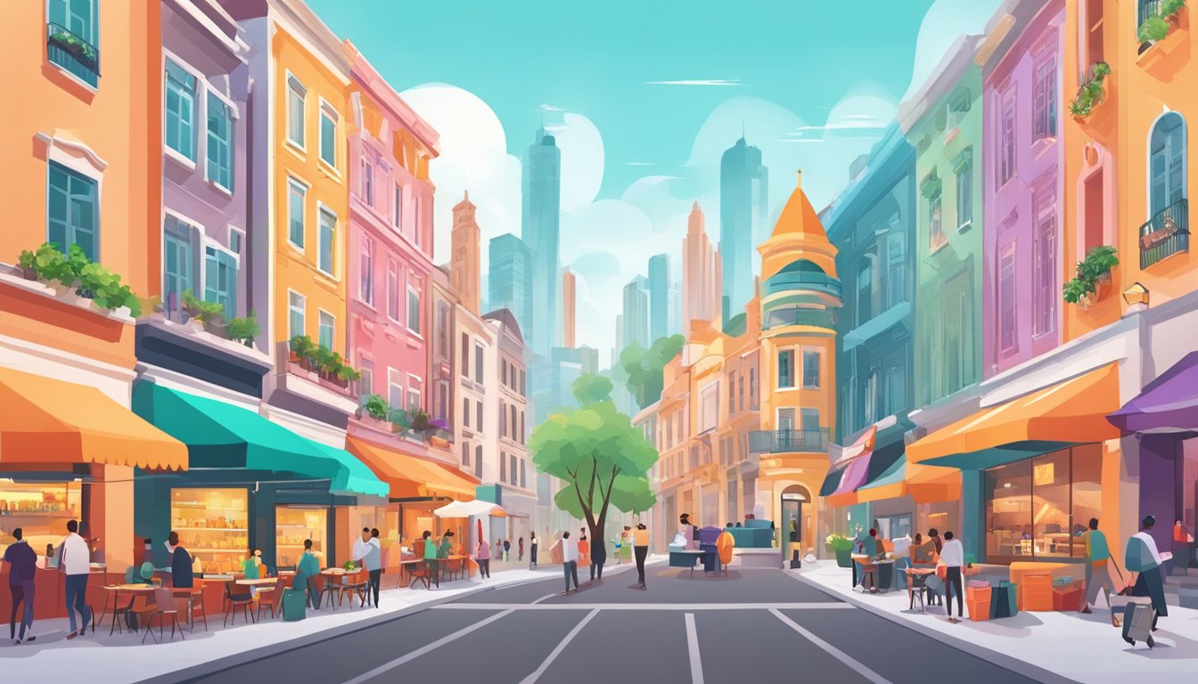 A bustling street with colorful restaurant facades, showcasing a variety of cuisines. A foodpanda promo code sign catches the eye