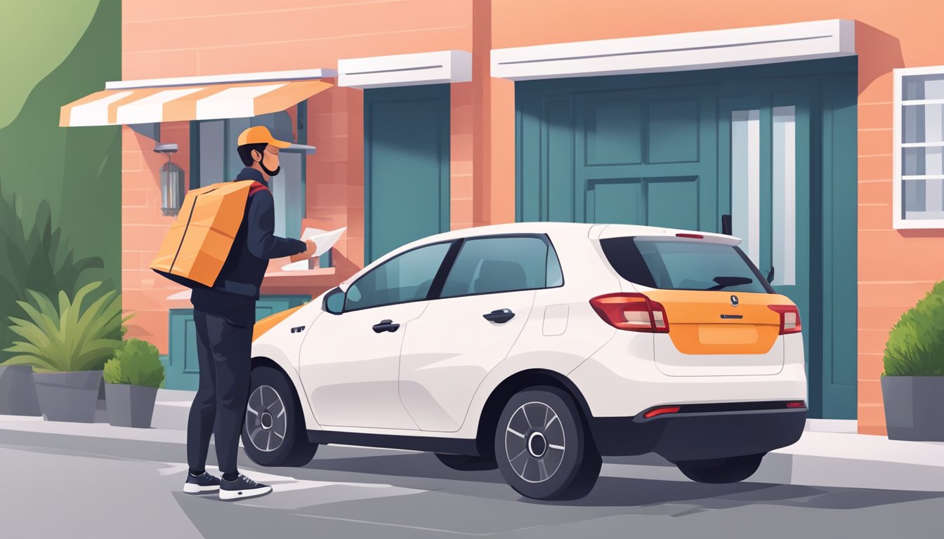 A delivery driver drops off a foodpanda order at a customer's doorstep, with a seamless ordering and delivery experience