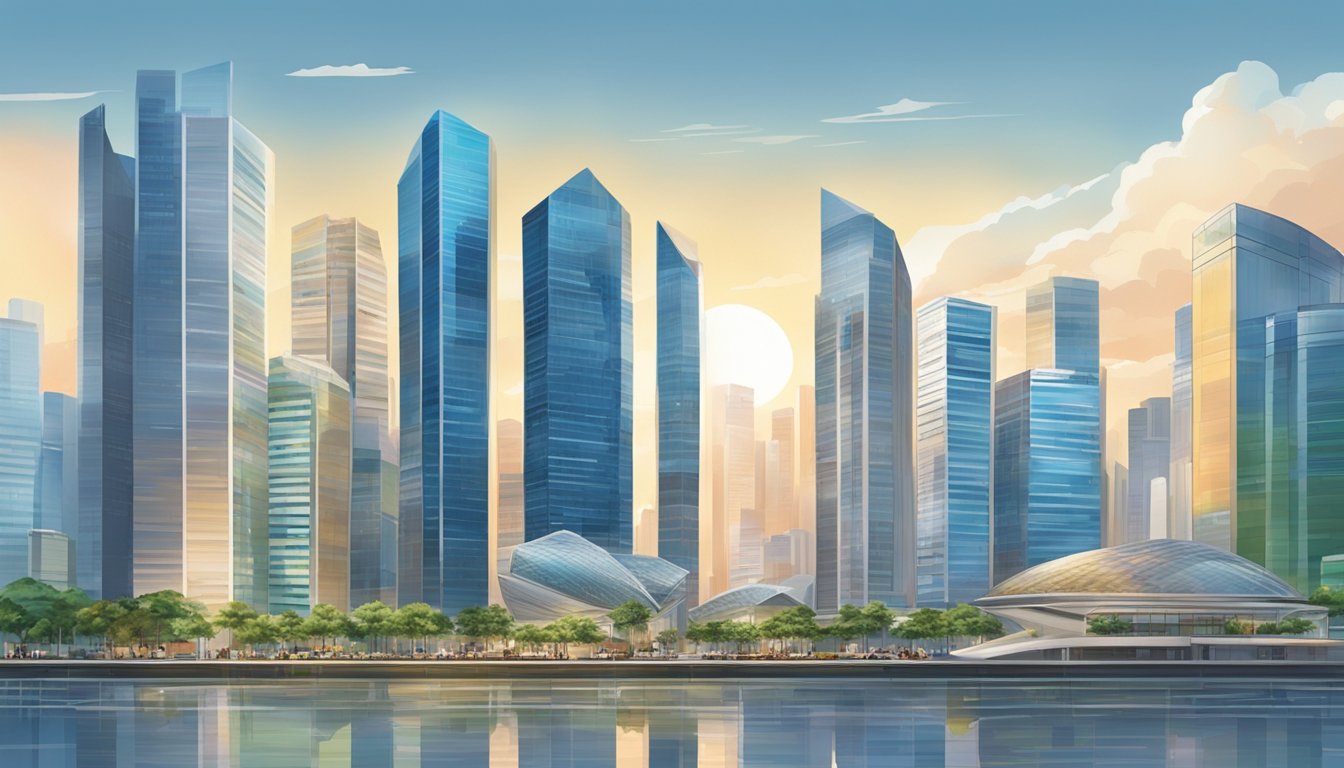 Foreign banks line the bustling streets of Singapore, their sleek glass facades reflecting the city's vibrant energy. Tall buildings and modern architecture dominate the skyline, creating a sense of power and financial influence