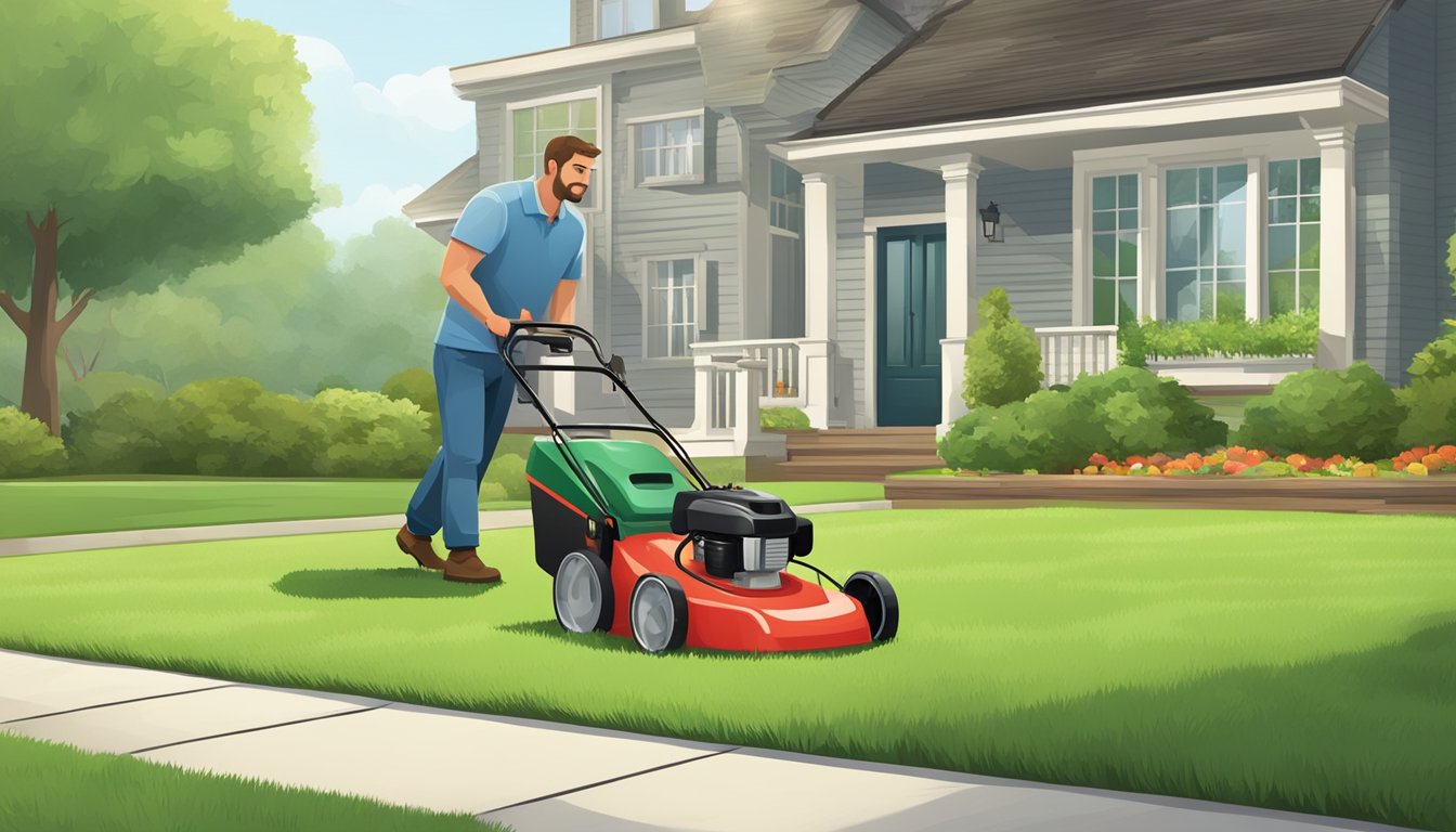 A lawnmower cutting grass in a neatly manicured yard, with a bag attached to collect the clippings