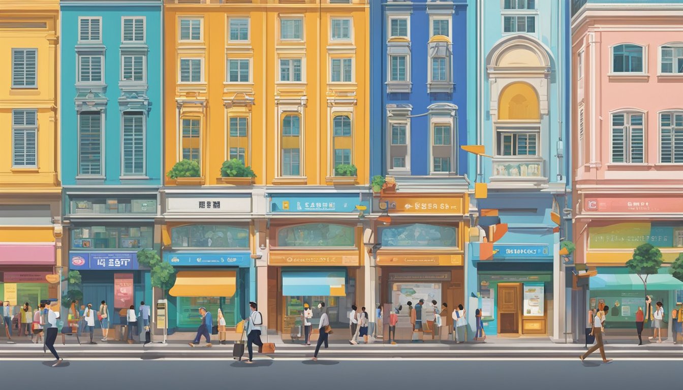 A row of colorful foreign bank logos line the bustling streets of Singapore, with curious locals and tourists stopping to read the frequently asked questions displayed on interactive screens outside each branch