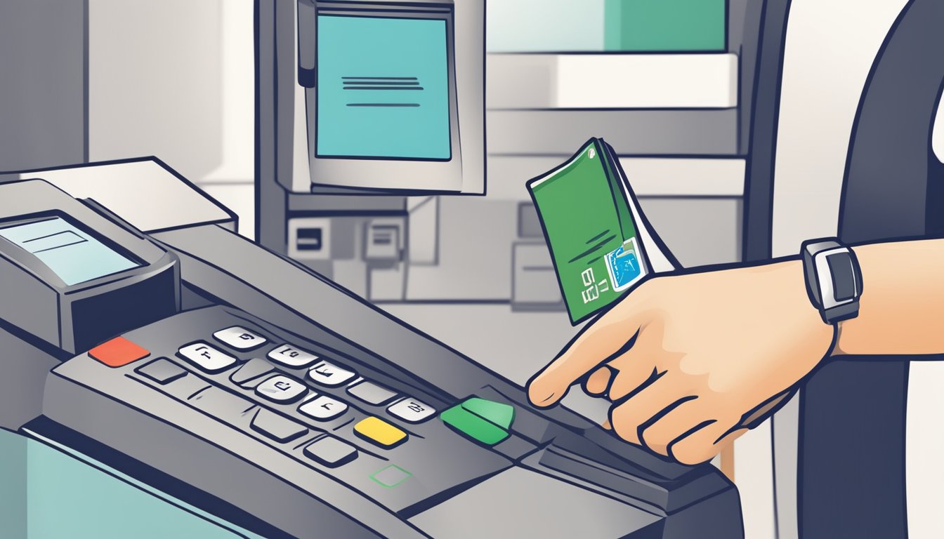 A hand swipes a debit card at a payment terminal in Singapore