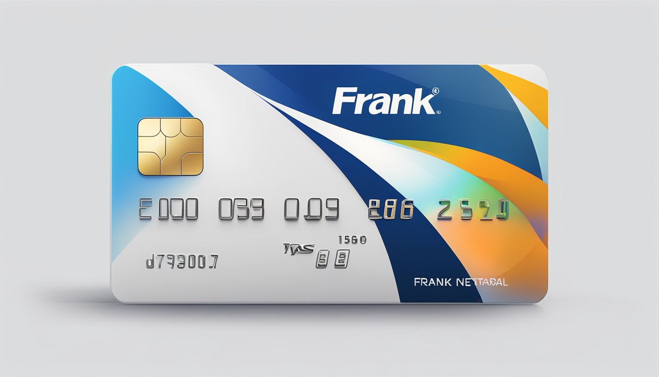 A sleek, modern debit card sits on a clean, white surface, with the "Frank" logo prominently displayed. The card is angled slightly, catching the light to emphasize its glossy finish