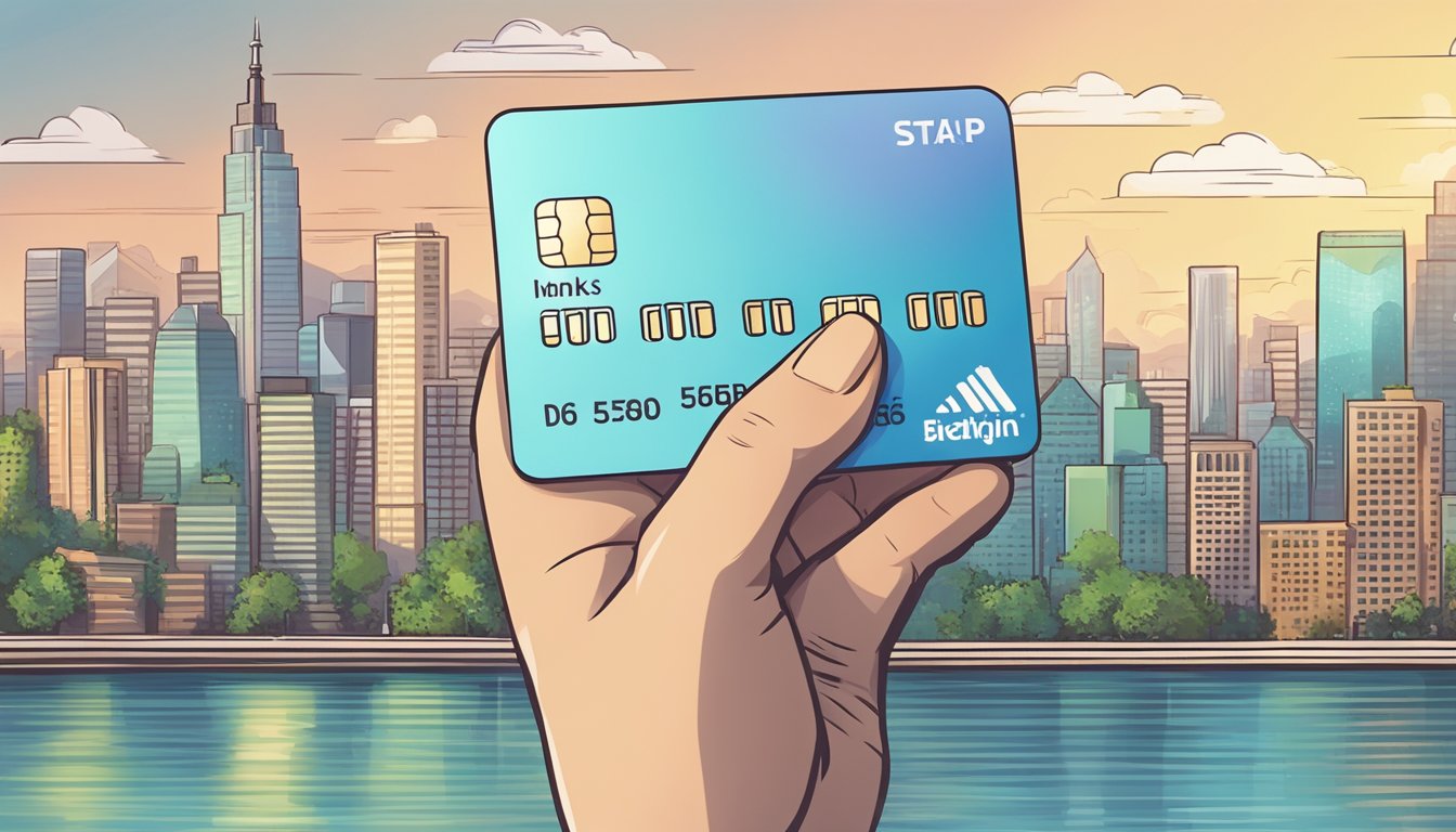 A hand holding a Frank debit card, with a modern city skyline in the background