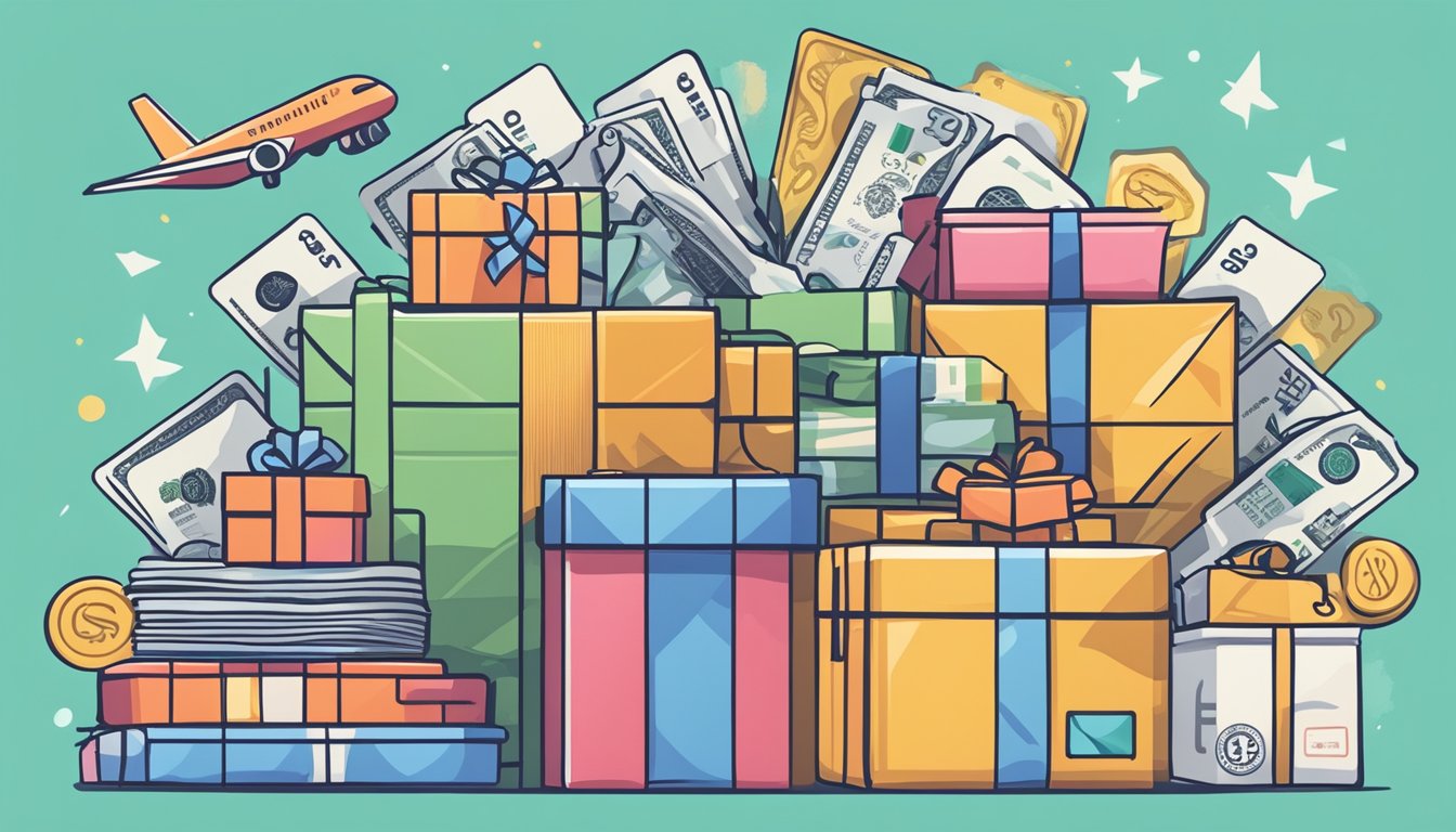 A stack of cash and a pile of gift cards surrounded by symbols of travel, dining, and shopping