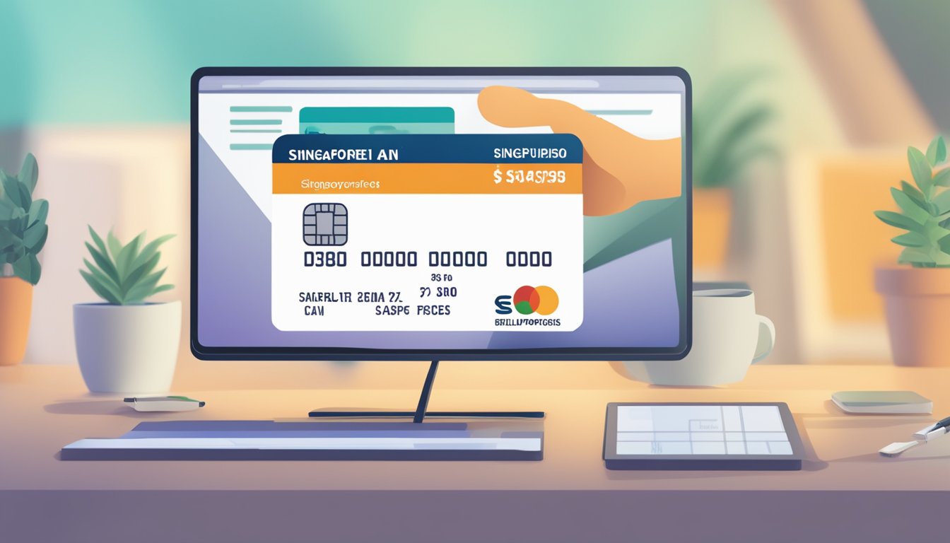 A hand holding a Singaporean debit card with the words "Eligibility and Application Process" displayed on a computer screen in the background