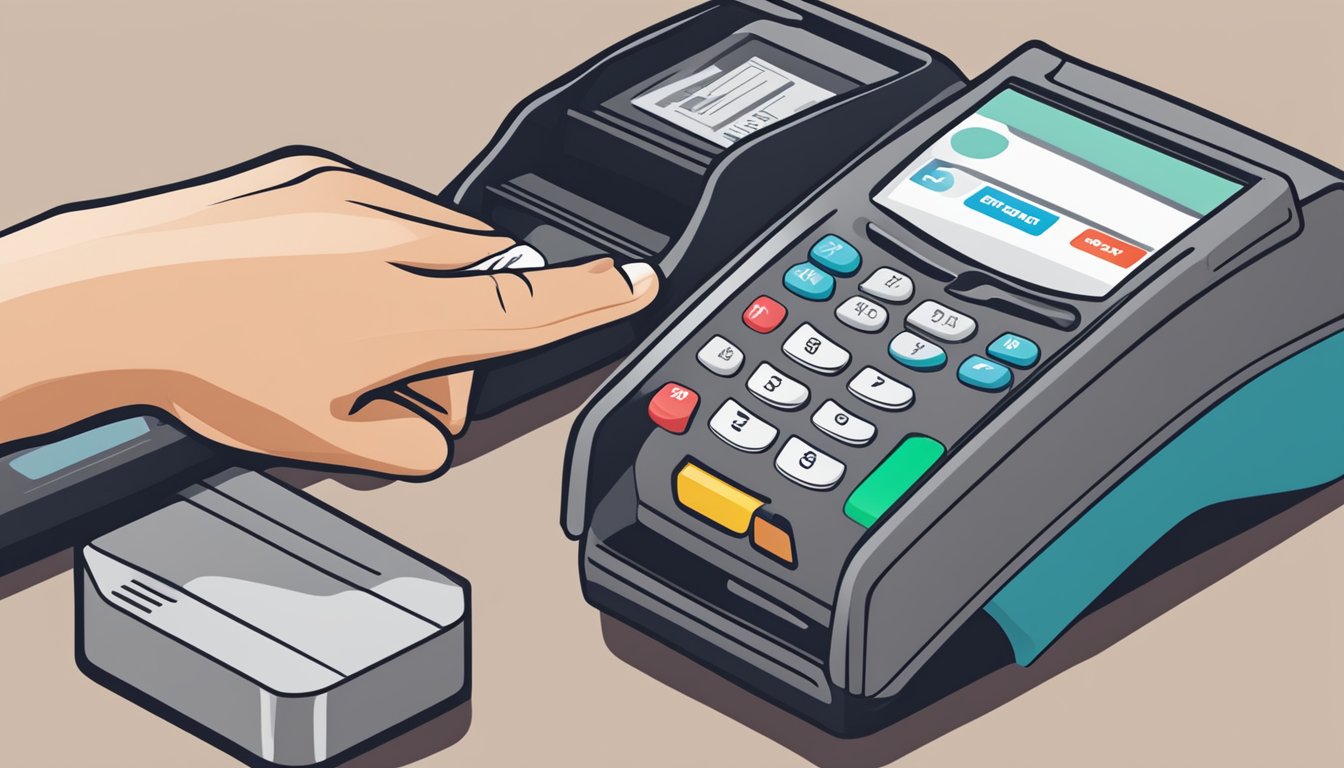 A hand swipes a Frank debit card at a payment terminal in Singapore