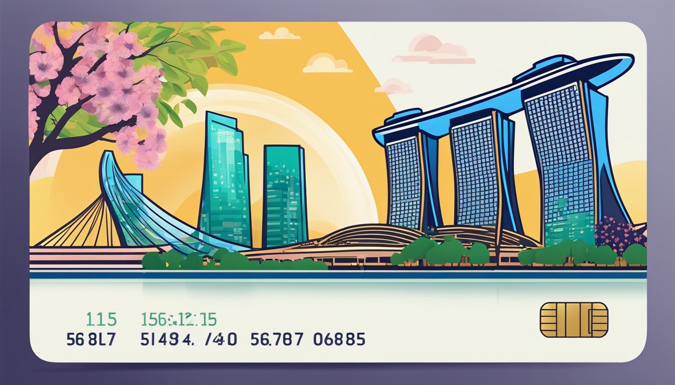 A sleek debit card with the Singapore skyline in the background, featuring the iconic Marina Bay Sands and the futuristic Supertree Grove