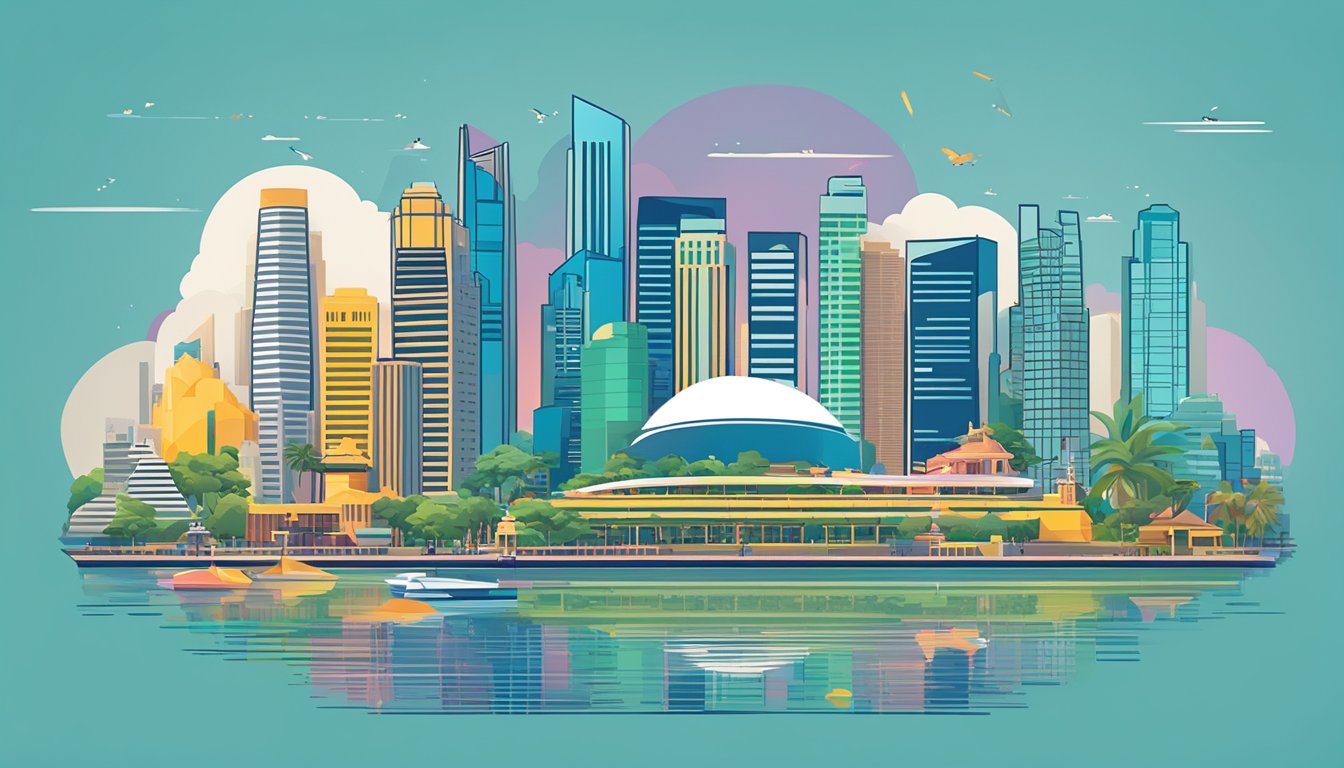 A colorful skyline of Singapore with iconic landmarks and symbols, overlaid with sleek typography and a modern, minimalist design for a Frank debit card