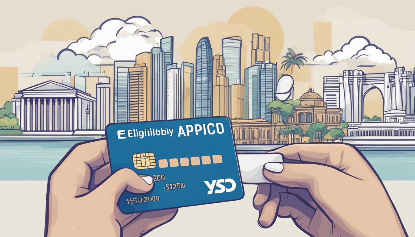 A hand holding a sleek debit card with the words "Eligibility and Application" on the front, against a backdrop of iconic Singapore landmarks