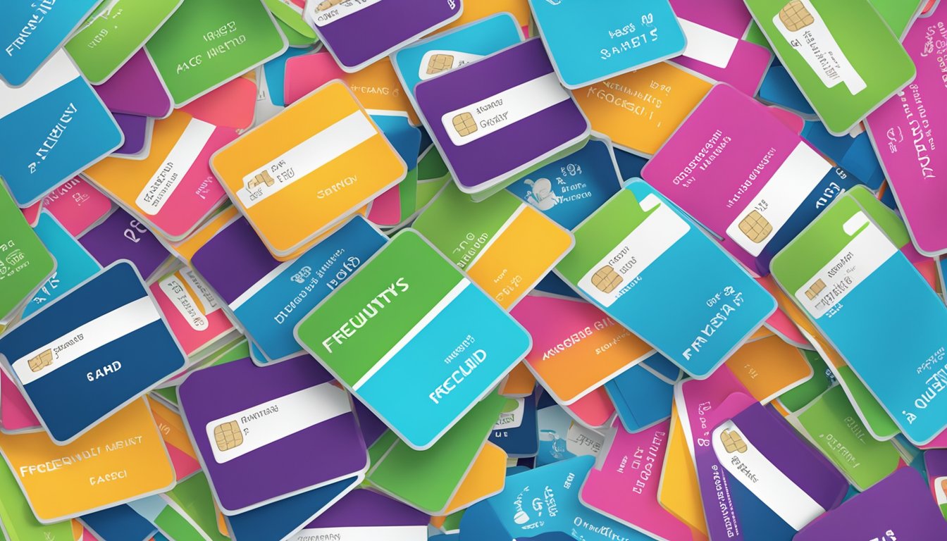 A stack of colorful debit cards with "Frequently Asked Questions" text in the background