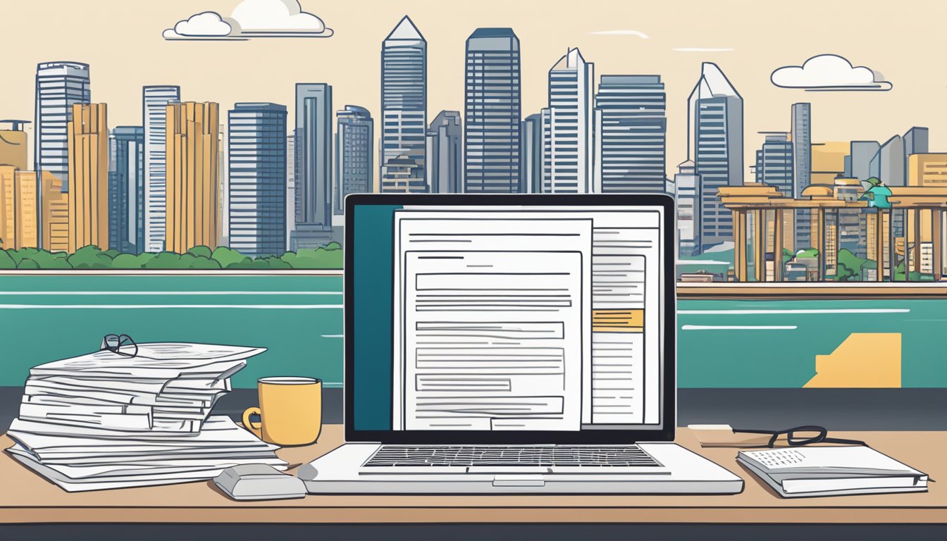 A stack of paperwork and a computer screen with a student loan application open, set against the backdrop of the Singapore skyline