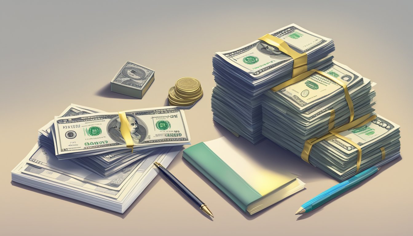 A stack of money and a list of loan features on a table