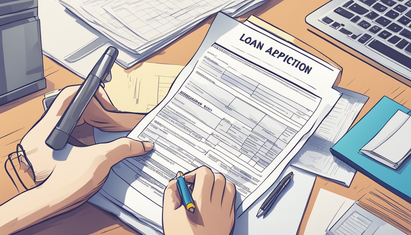 A person filling out a loan application form with required documents and information