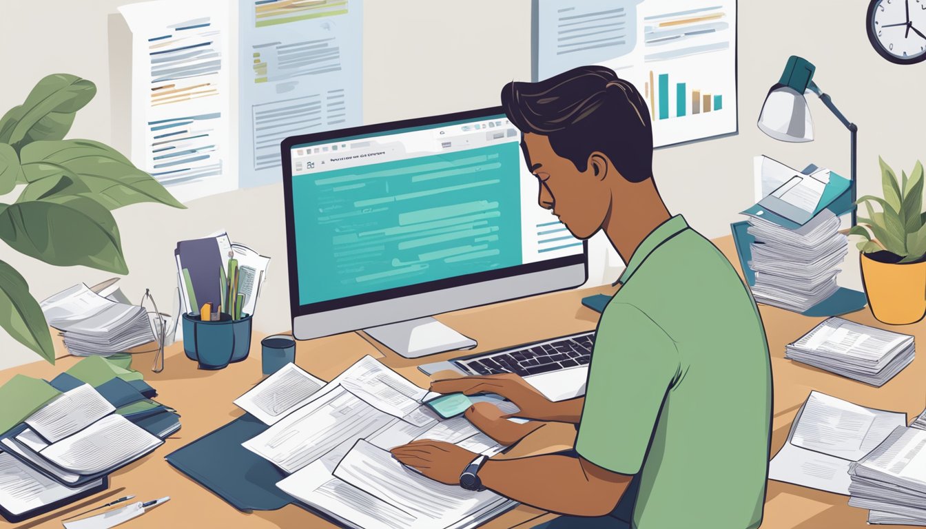 A person sits at a desk with a laptop and calculator, surrounded by paperwork and financial documents. They are carefully reviewing their loan terms and creating a repayment plan