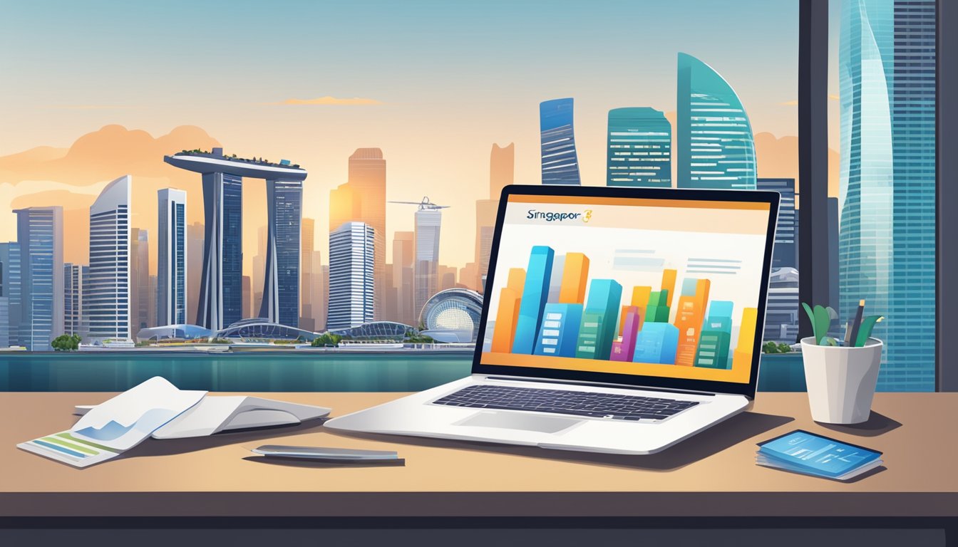 A table with various credit-related financial products, a laptop showing a free credit report website, and the Singapore skyline in the background