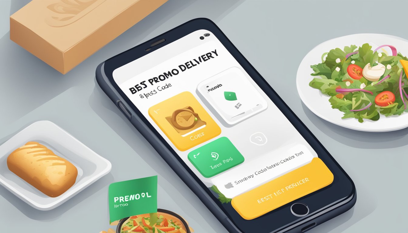 A smartphone displaying a food delivery app with a promo code box and a "best promo codes" banner