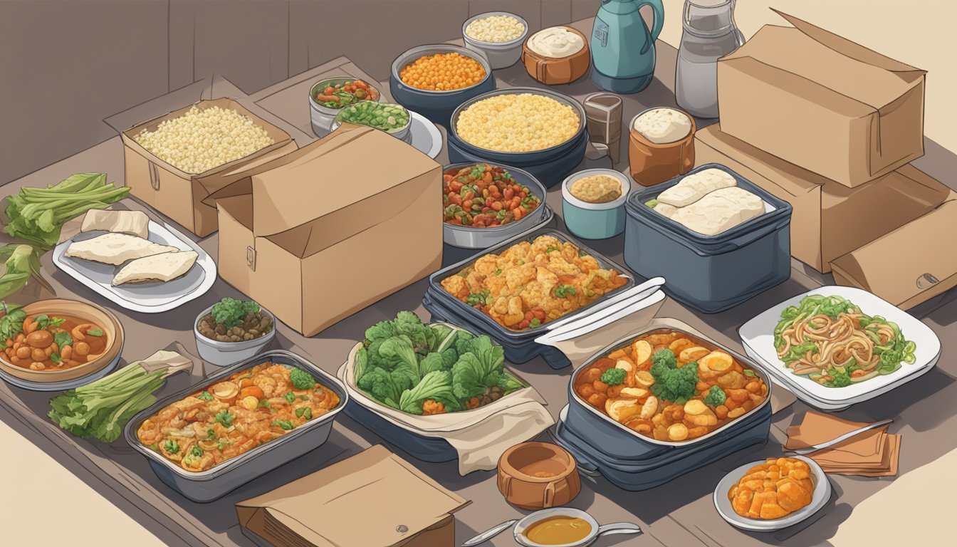 A table overflowing with diverse cuisines, surrounded by delivery bags with a promo code displayed prominently