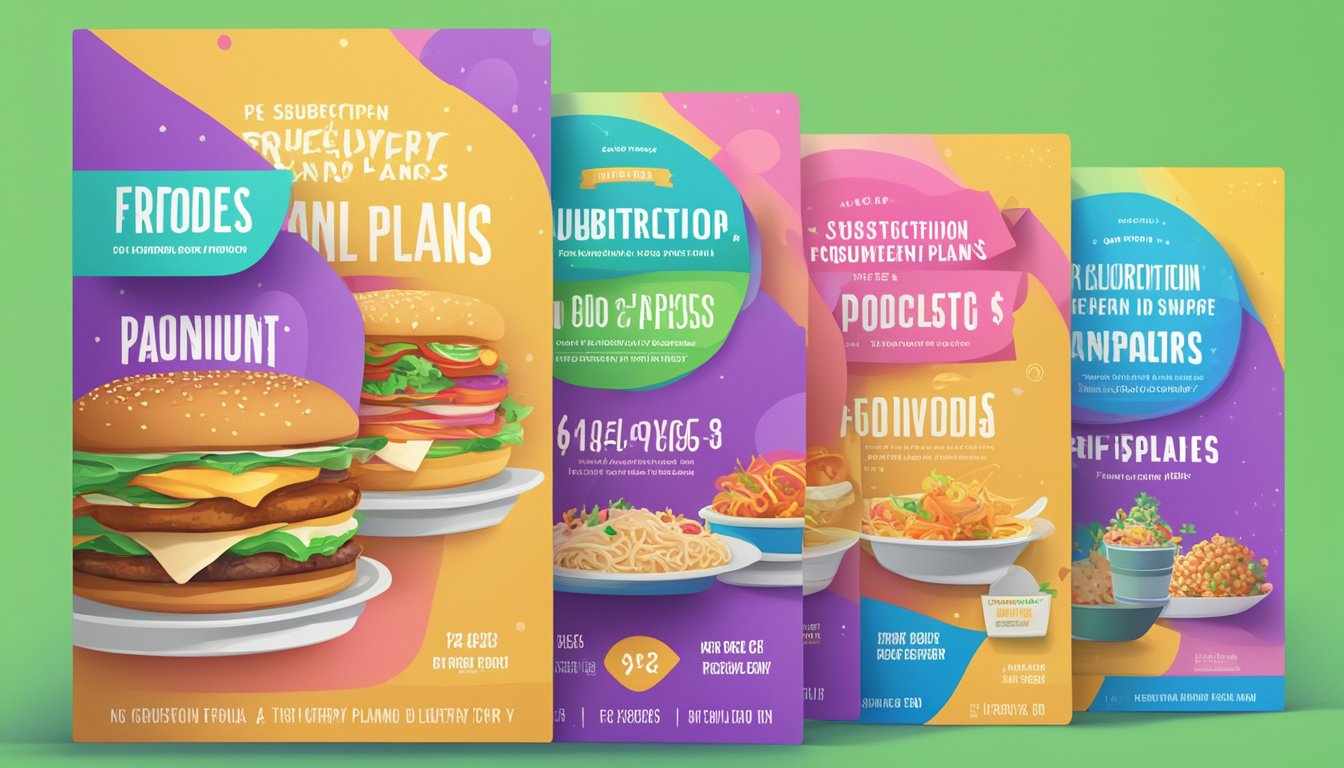 A stack of colorful flyers advertising "Subscription Plans for Frequent Foodies" with a promo code for free food delivery in Singapore