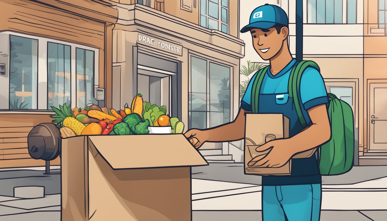 A delivery person handing over a bag of food with a promo code displayed on the app