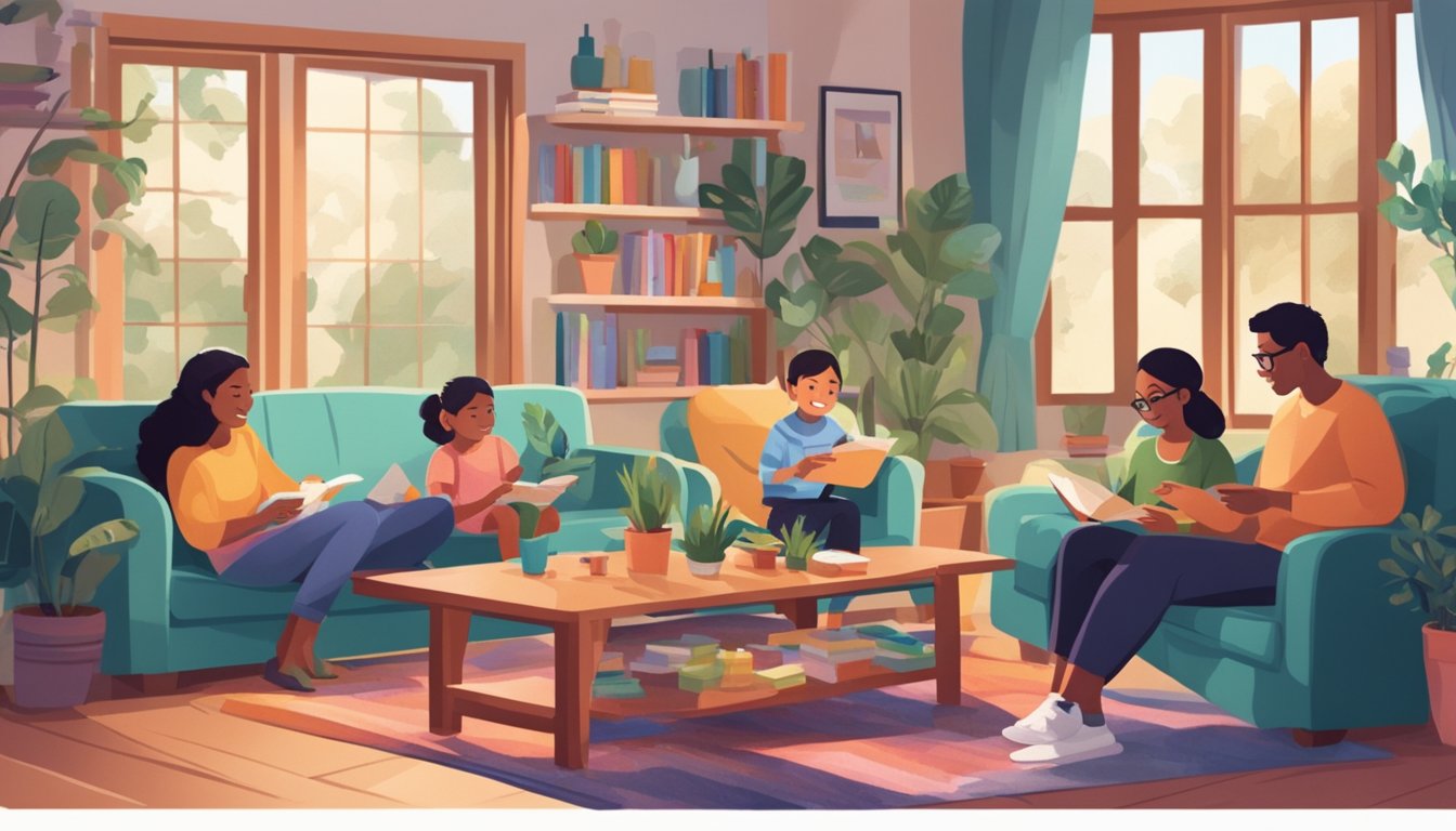 Families enjoying board games, reading, and crafting in a cozy living room with large windows, plants, and colorful decor