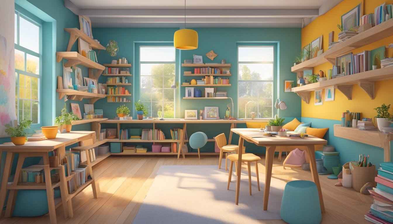 A colorful and vibrant studio filled with art supplies, easels, and natural light. A cozy reading nook with plush pillows and shelves of books. A communal table for collaborative projects and a wall adorned with finished masterpieces