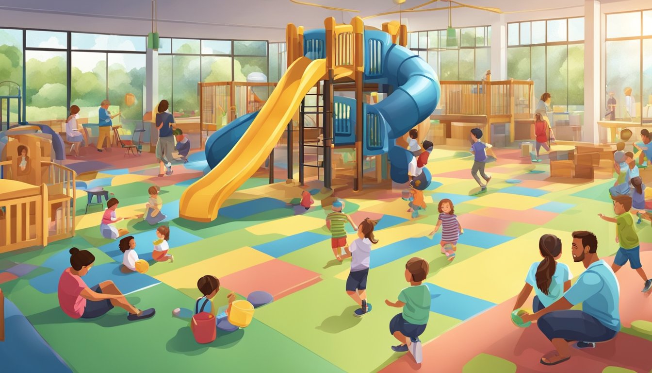 A bustling indoor playground with kids playing, families picnicking, and people engaged in various recreational activities