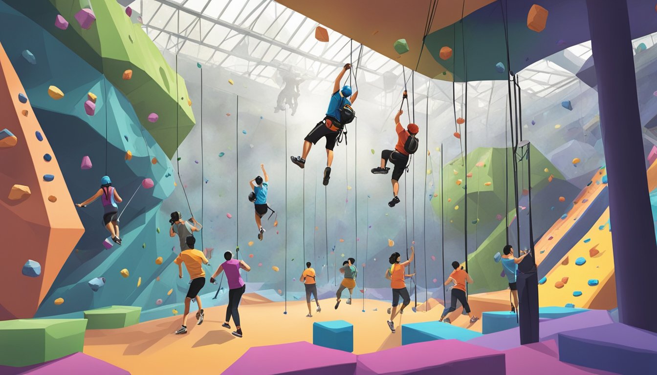 People engage in rock climbing, trampoline jumping, and obstacle course racing at an indoor adventure park in Singapore