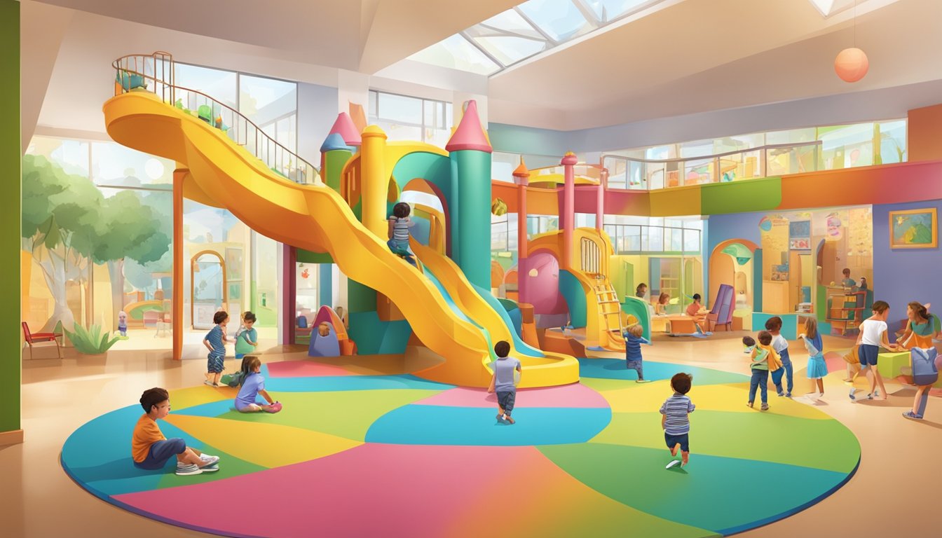 A colorful indoor play area filled with children enjoying various activities, surrounded by friendly staff answering questions for visitors
