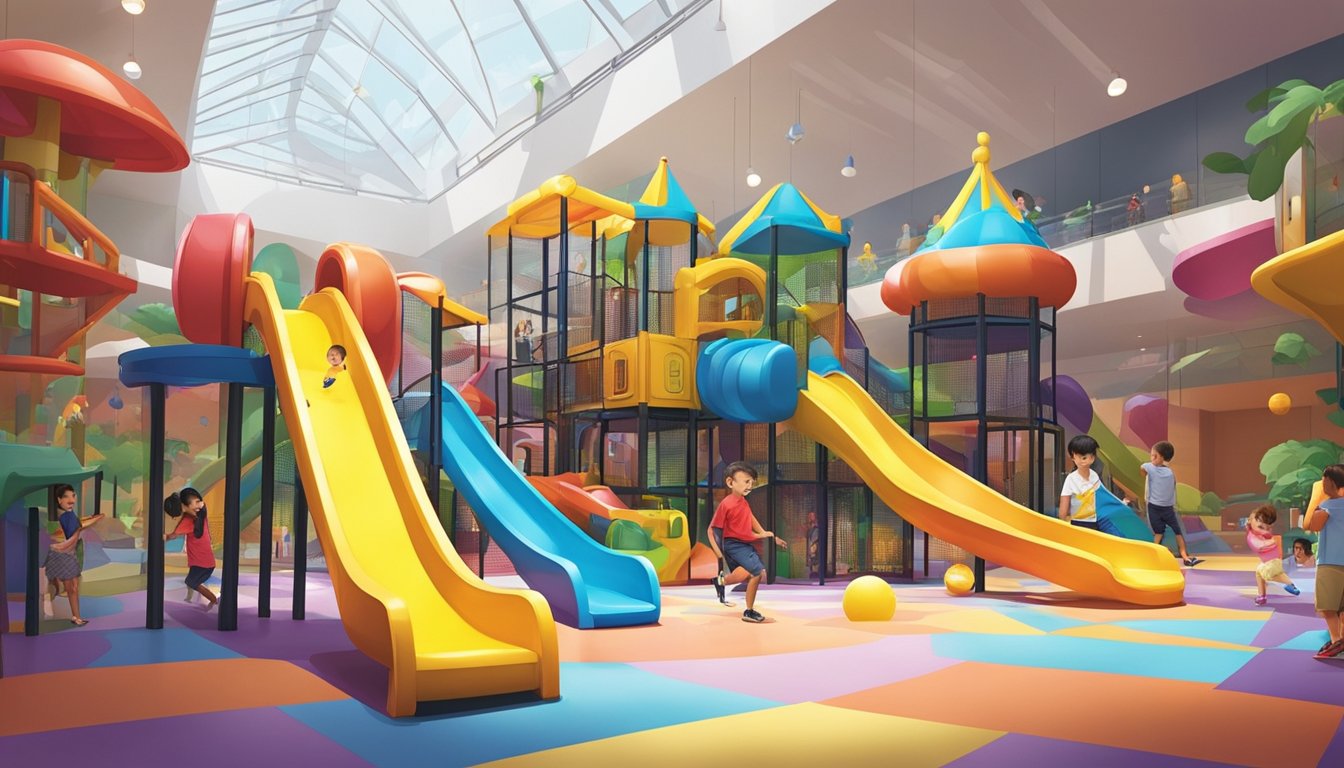 Children playing on colorful slides, climbing structures, and ball pits in a spacious indoor playground in Singapore