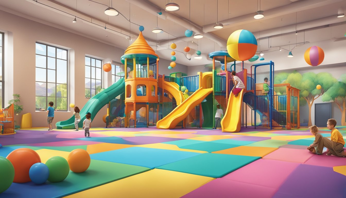 Children playing on colorful slides, climbing structures, and ball pits in a spacious indoor playground with vibrant decor and soft flooring