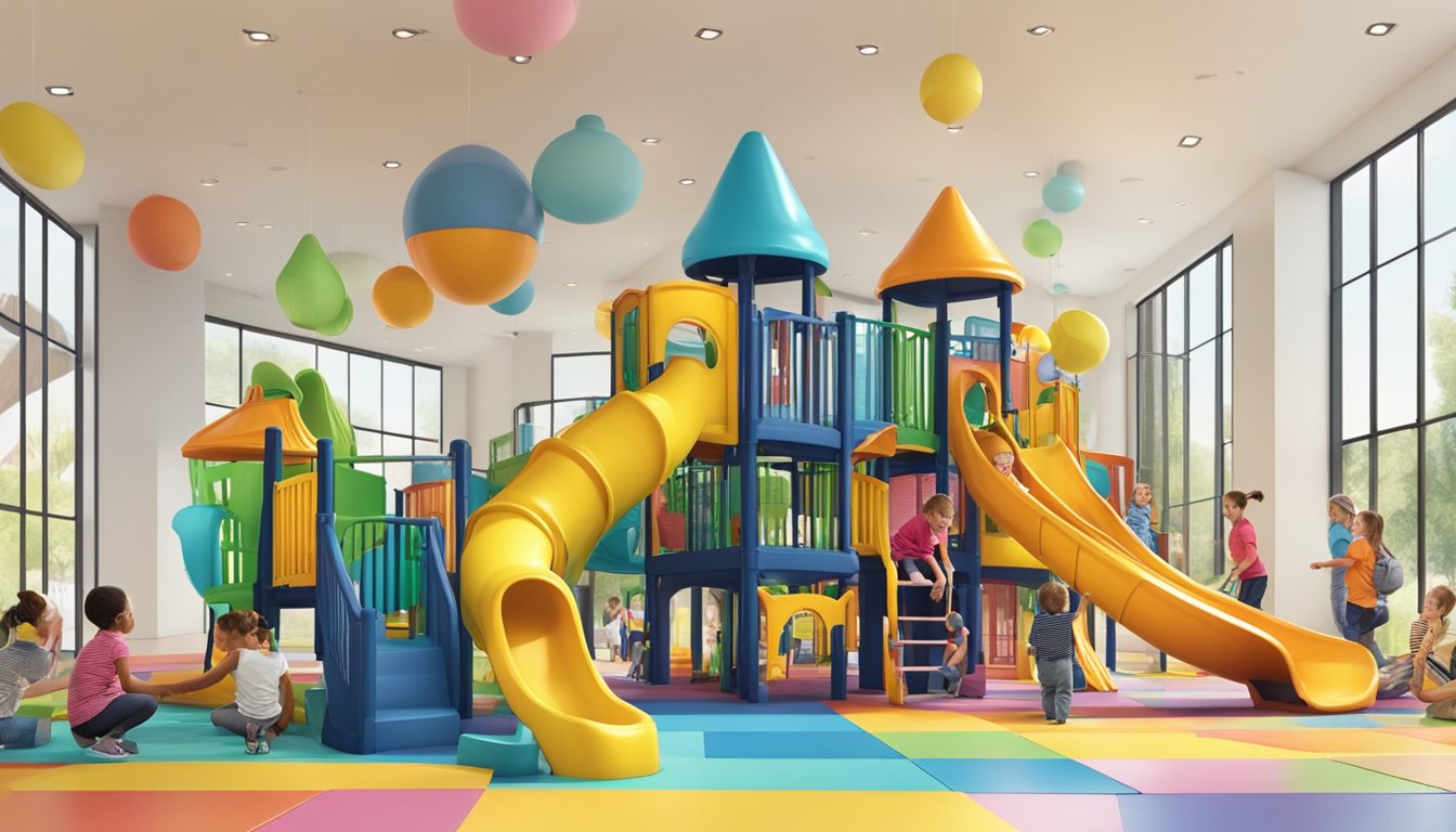 Children laughing, climbing, and sliding on colorful play structures. Parents watching from comfortable seating areas. Bright, vibrant atmosphere with soft flooring and engaging activities