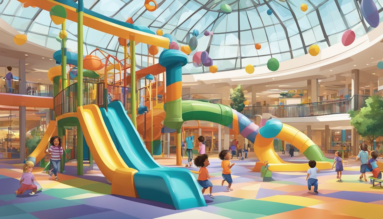 Children laughing and playing on colorful slides, swings, and climbing structures in a spacious indoor playground at a bustling mall