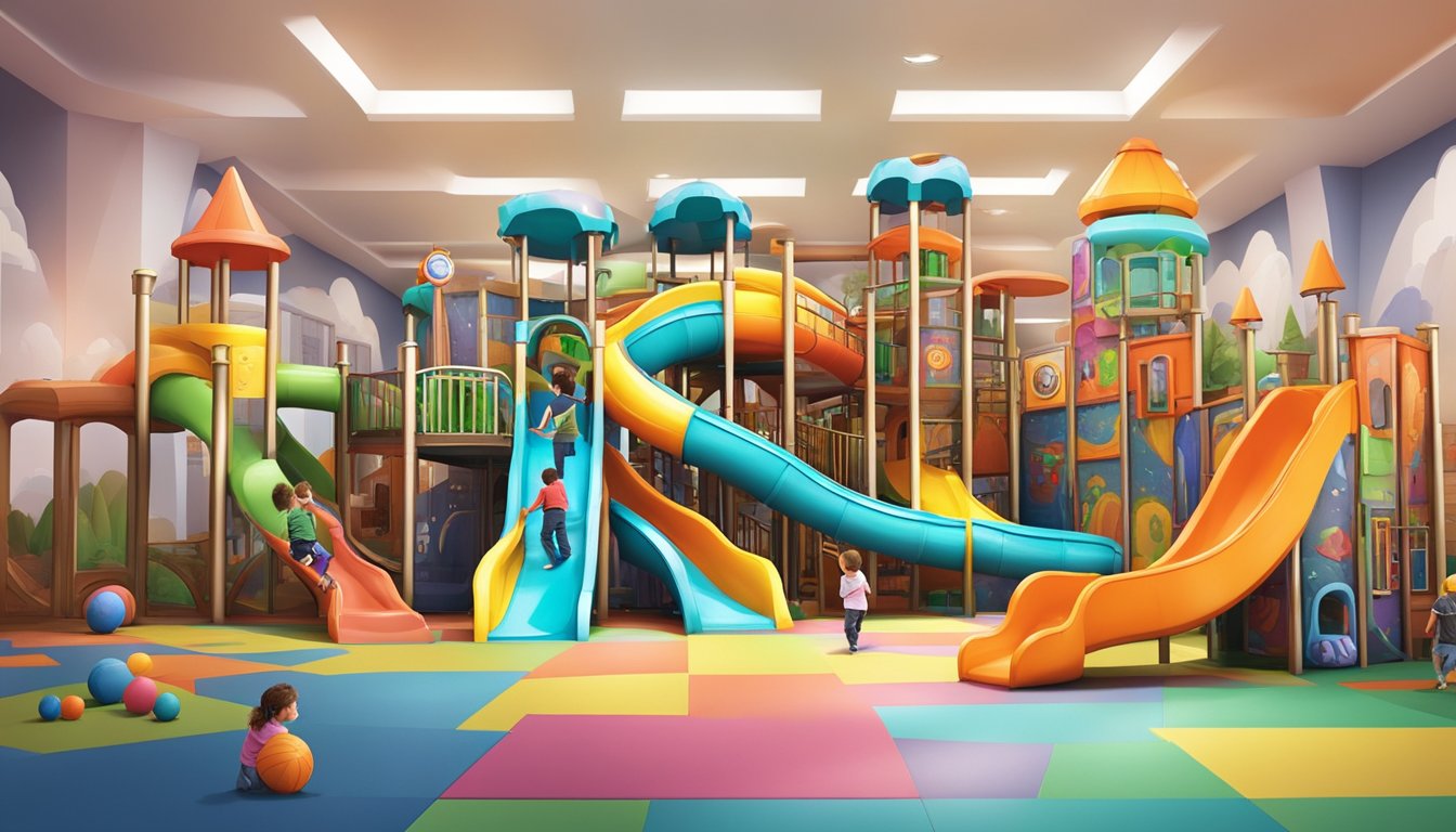 Children playing in themed indoor playgrounds, with colorful slides, ball pits, and interactive features. Imagination runs wild in a space filled with adventure and fun