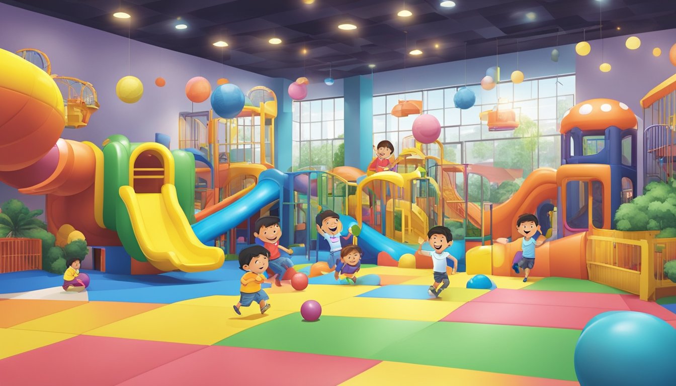 Children laughing and playing on colorful slides, tunnels, and ball pits at the "Maximising Your Playtime" indoor playground in Singapore