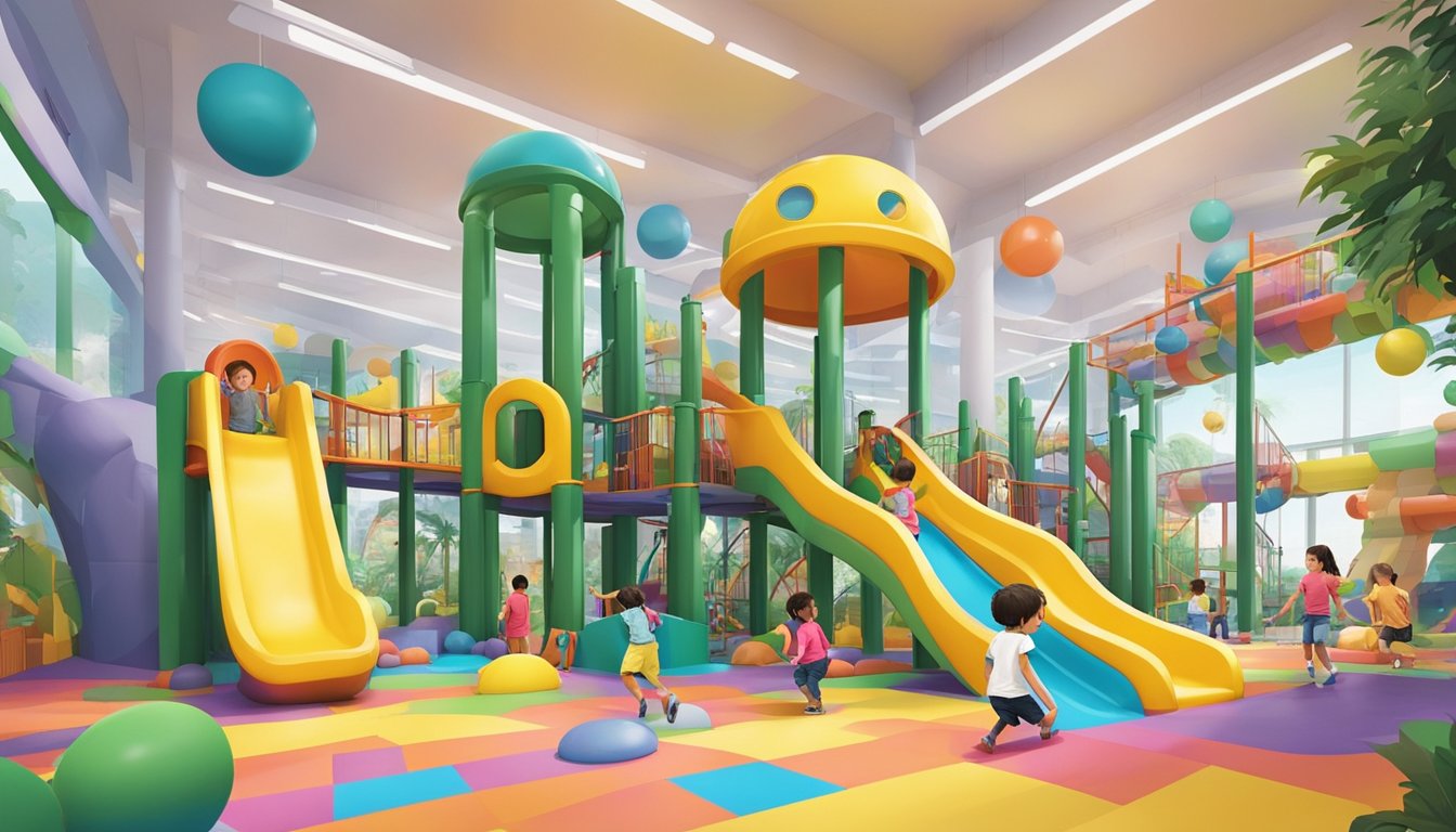 Children playing on colorful slides, climbing structures, and ball pits at a vibrant indoor playground in Singapore