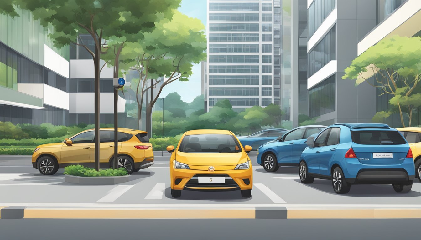 Cars parked in a designated free lunch time parking area in Singapore. Clear signage and no parking fees visible. Surrounding buildings and trees in the background