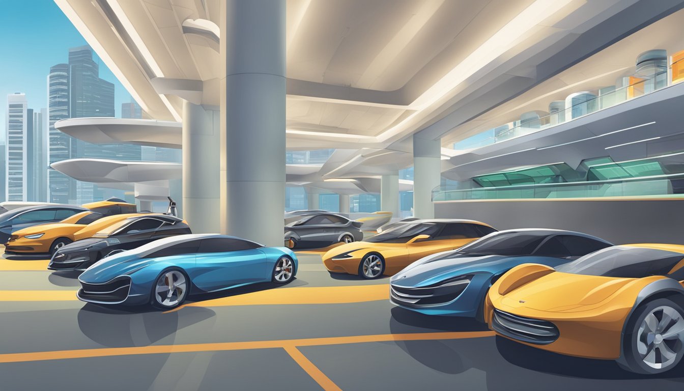 Cars parked in a futuristic, automated parking garage in Singapore. A sign advertises free lunchtime parking, with sleek, modern architecture in the background