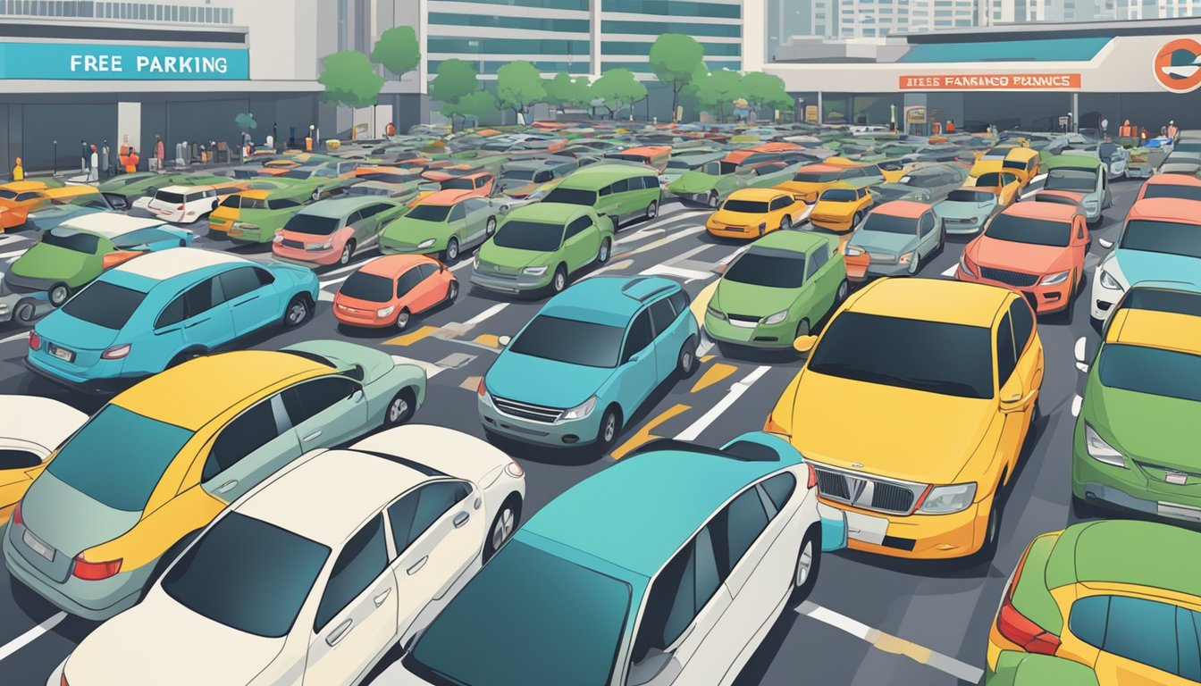A crowded parking lot in Singapore during lunchtime, with signs advertising free parking for patrons