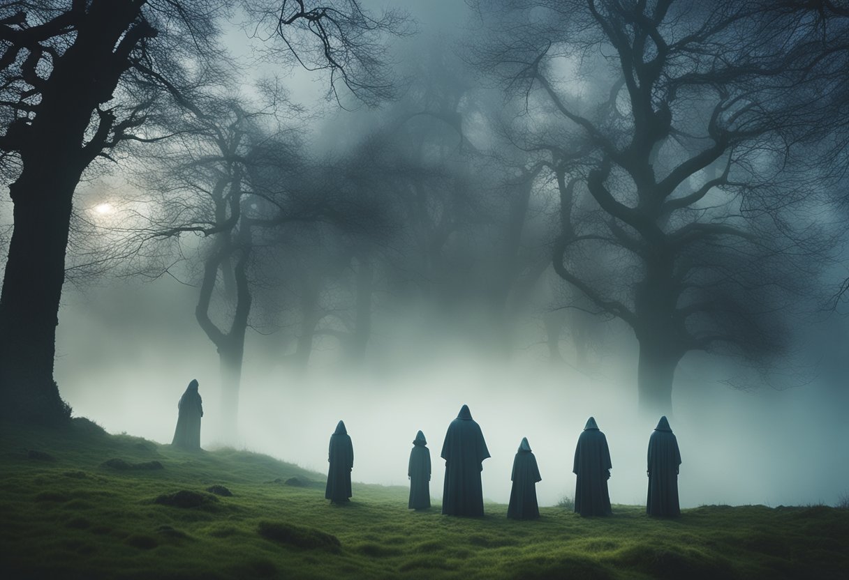 A family of spectral figures hovers over a misty Irish landscape, surrounded by swirling ancestral spirits and wailing banshees