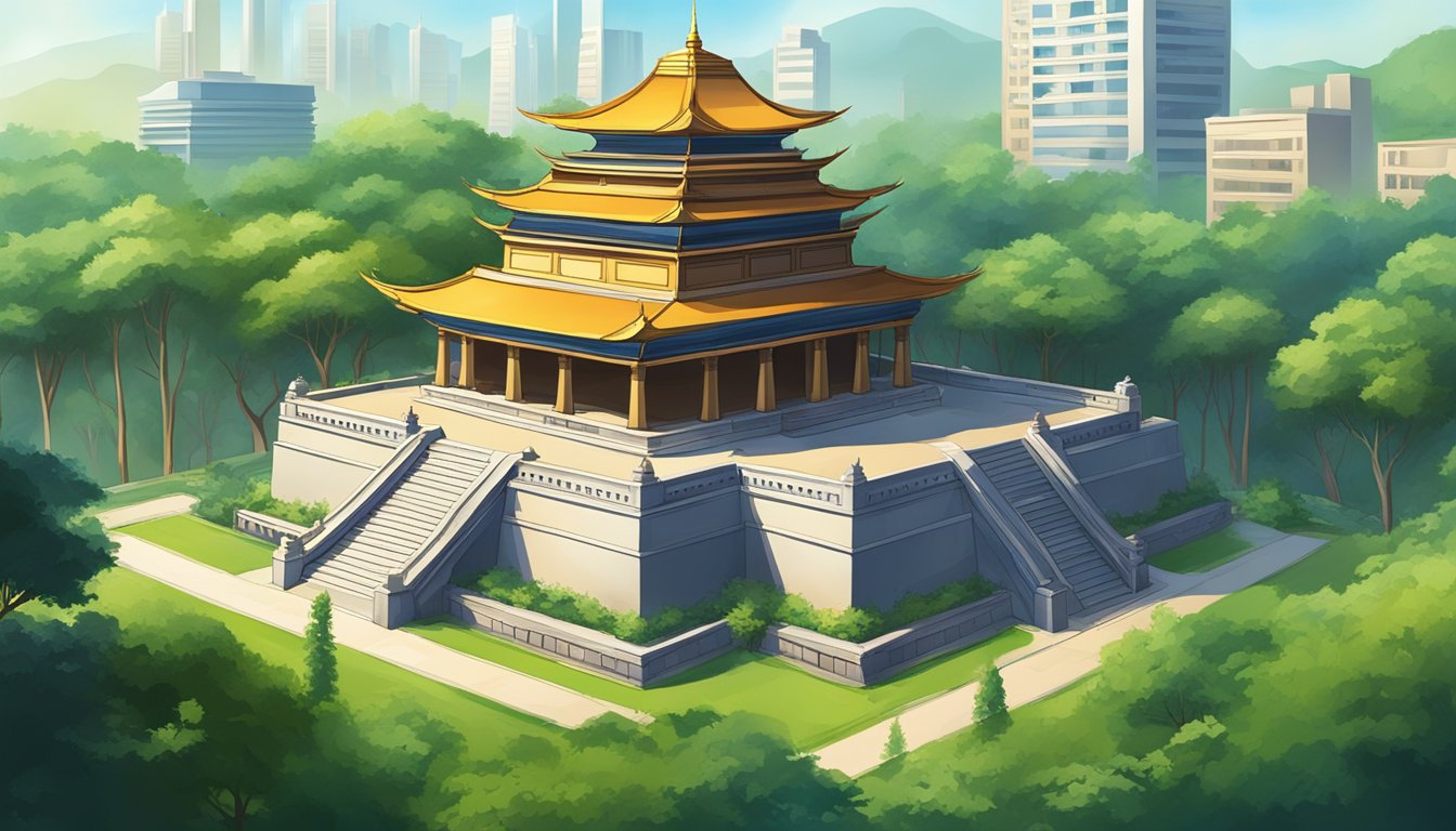 Ancient temple nestled among lush greenery, with a clear view of the city skyline and ample free parking spaces nearby