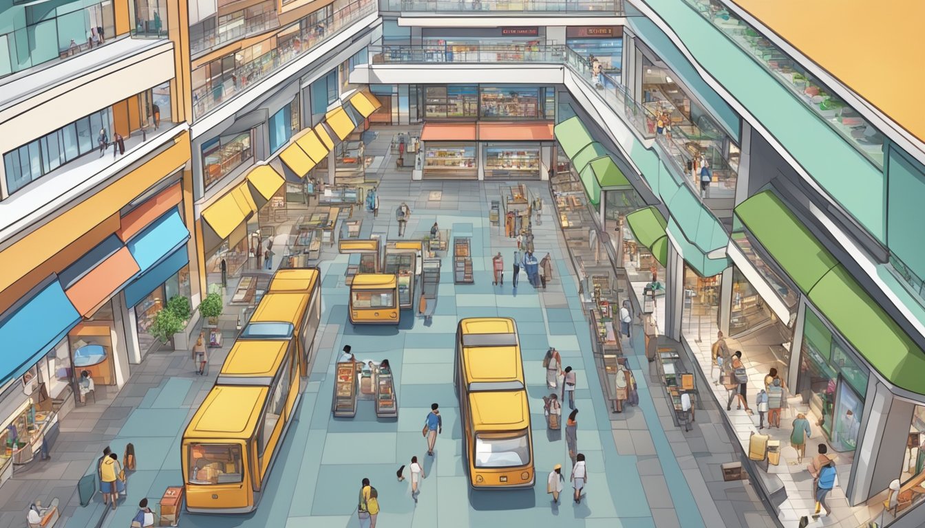 A bustling shopping mall in Singapore with rows of shops and free parking, attracting strategic shoppers